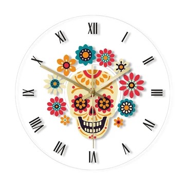 Horloge murale crâne fleuri rétroéclairée